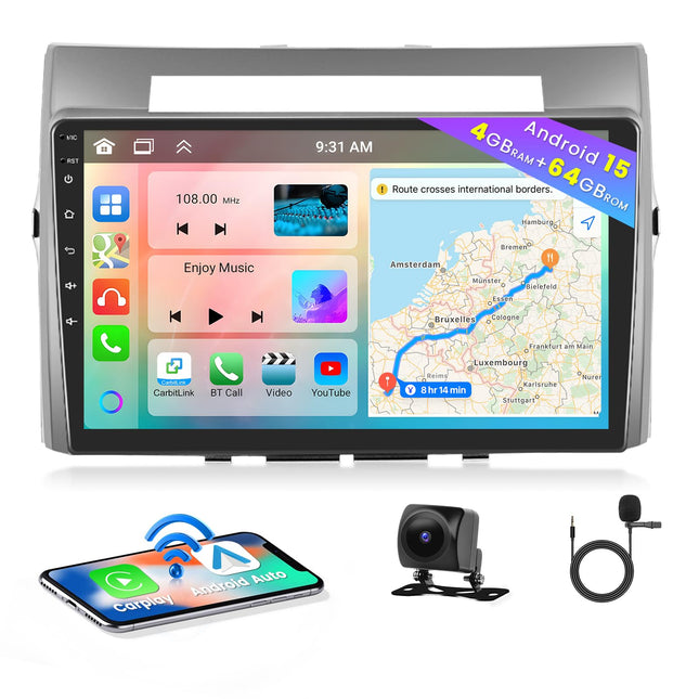 Hikity 8-tuumaline 4+64GB Android 15 autoraadio Toyota Corolla Verso 2004-2009 raadio juhtmevaba CarPlay Android Auto Bluetooth vabakäesüsteem 9-tolline ekraan GPS WiFi DSP FM