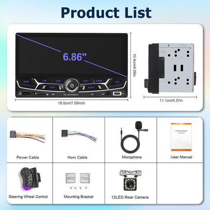Hodozzy Double DIN Car Radio CarPlay Android Auto-6.86 inch HD Touchscreen 2 Din Screen Bluetooth Stereo Car Multimedia MP5 Player Mirrorlink FM Radio/Type-C/USB/TF/AUX SWC Rear View Camera