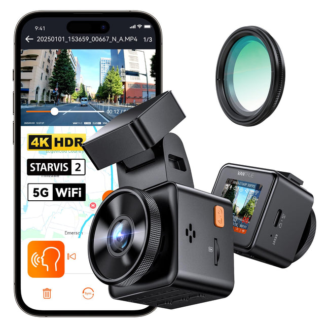 VANTRUE E1 Pro 4K HDR STARVIS 2 auto esiosa videoregistraator, 5 GHz Wi-Fi mini videoregistraator CPL-iga, GPS-i häälkäsklused, 15-sekundiline mälumaht, parkimise jälgimine, suurepärane öönägemine, 1,54-tolline 160° peidetud autokaamera, max. 1 TB