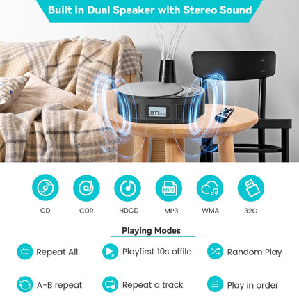 NEW 2025 CD Player Portable, Monodeal CD Player Bluetooth &amp; Radio FM 2 in 1, Rechargeable Portable CD Player with Speaker, Discman CD Player, Support AUX/USB-Black