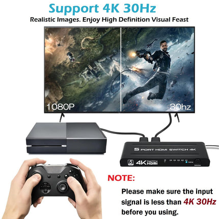 TCNEWCL HDMI-lüliti 5 sisse 1 väljund 4K, HDMI-lüliti valija 5-pordiline videokonsool IR-kaugjuhtimispuldiga, mis toetab UHD 3D-d PS4, Xboxi, Blu-Ray-mängija, TV, DVD jaoks