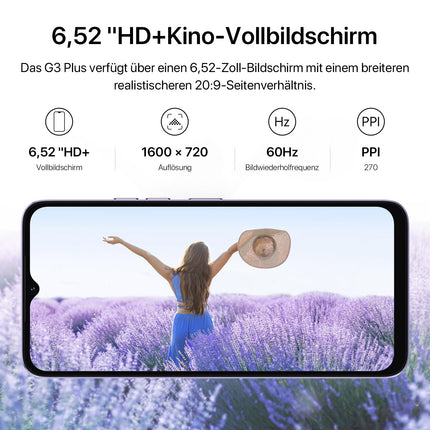 UMIDIGI G3 Plus nutitelefon ilma lepinguta (2023), Android 13 mobiiltelefon, 8 GB + 128 GB/1 TB SIM-kaardivaba mobiiltelefon, 6,52" HD+ ekraan, 5150 mAh, 13 MP, 4G kahe SIM-kaardiga koolilaste mobiiltelefon/näotuvastuse/sõrmejälje/OTG/GPS (must)
