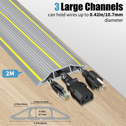 Floor cable cover, 2 m floor cable protector, cable protection cover for outdoor wires, floor cable cover, protection with 3 large channels, gray