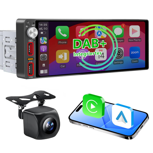 6.9 inch 1 Din Car Radio with Wireless CarPlay &amp; Android Auto, Bluetooth, Full Touch Car Radio Display FM, DAB+, Rear View Camera and Microphone Support