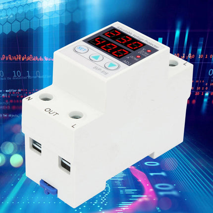 Undervoltage protection device, voltage current protector, 230VAC intelligent single-phase adjustable overvoltage undervoltage current protector, DIN rail installation, for power supply systems (63A)