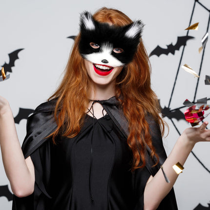AUNGKWANG 3 Pieces Black and White Furry Fox Mask, Tail and Paws Gloves Set, Cosplay Costume Accessory for Halloween Christmas Carnival Party Dressing Up for Kids and Adults