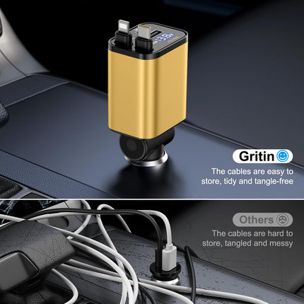Gritin 4 in 1 USB C Cigarette Lighter, 69W Car Charger Adapter with Voltage Display &amp; Adaptive Charging Technology, USB Fast Charger for iPhone 16/15/14/iPad/Galaxy/Android etc. - Yellow