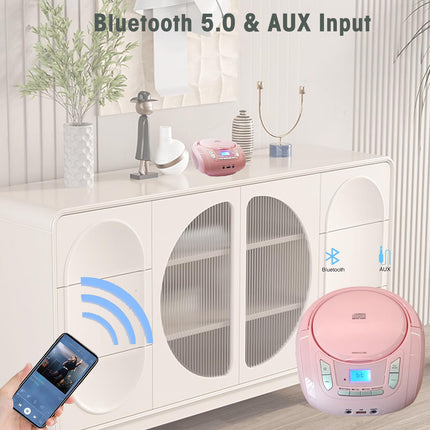Kaasaskantav CD-mängija lastele - raadio, CD Boombox Bluetoothi, FM-raadio, USB-sisendi ja AUX-pordi ning kõrvaklapipesaga, CD-mängija koduseks või õues kasutamiseks (roosa)
