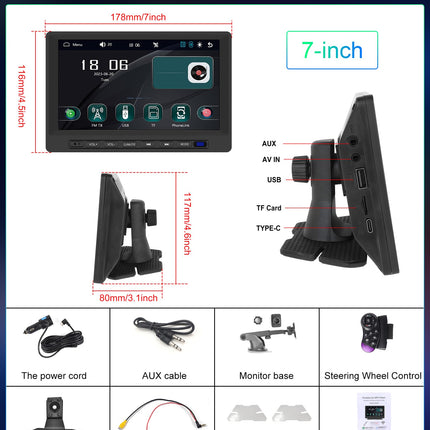 Podofo juhtmevaba Carplay autostereo Android Auto, 7-tolline HD puuteekraan, kaasaskantav Carplay ekraan Bluetoothiga, Mirror Link, SWC, USB/TF-port, iminapaga alus/sigaretisüütaja sõidukitele