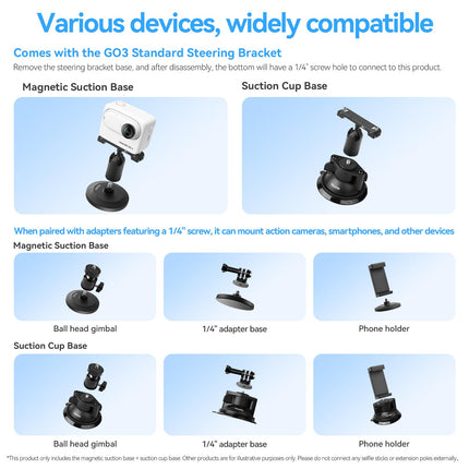 TELESIN° magnetkinnitus + iminapakomplekt Insta360 Go3 lisatarvikutele, autokinnitus, mootorrattakinnitus, aknakinnitus, esiklaasikinnitus, armatuurlauakinnitus, metalltorukinnitus, rullkinnitus Insta360 GO 3 jaoks, lisatarvikud