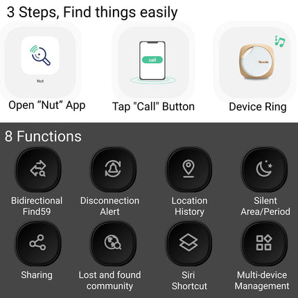 Focus Key Finder, Bluetooth Tracker, Item Finder with Keychain for Gifts, Keys, Pet Purses or Backpacks and Tablets, 4 Pack, White and Black