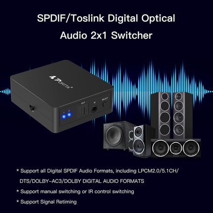 Portta Toslink 2x1 lüliti / SPDIF digitaalne optiline audio Toslink 2x1 lüliti kaugjuhtimispuldiga - 2 sisendit, 1 väljund, tugi 5.1CH / LPCM2.0 / DTS / Dolby-AC3 PS3 DVD-mängijale ja helivõimendile