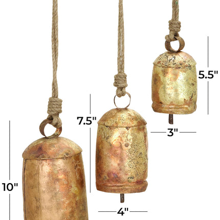 Deco 79 Dekoratiivsed Tiibeti stiilis metallist lehmakellad džuudist riputusnööriga, 3 tk komplekt, 25,4 cm, 20,3 cm, 15,2 cm kõrge, kuldne