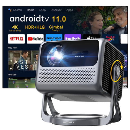 ULTIMEA Projector 4K Support Android TV 11.0 with Netflix, Portable Outdoor Projector with 90° Gimbal Stand-free Design, 600 ANSI Lumens, Dolby Audio, 5G WiFi Bluetooth 5.3 Smart Projector, Nova C40