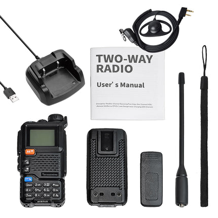 QUANSHENG UV-5RPLUS 5W raadiosaatja, pika levialaga laetav pihuraadio täiskasvanutele, politseiraadio FM, NOAA, C-tüüpi laadimisega, 200 kanaliga (UV-5RPLUS D-kujulise kõrvaklapiga)
