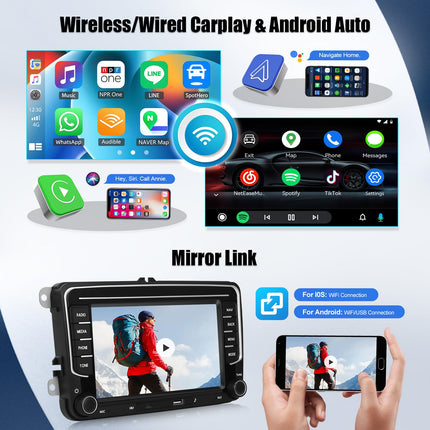 2+64G CAMECHO Android 13 autoraadio VW Golf 5, Golf 6, Skoda Polo, Passat Tiguan Touranile koos Carplay/Android Auto/Mirrorlinkiga, 7-tolline mahtuvuslik puuteekraan WiFi, GPS, FM, Bluetooth