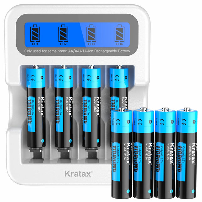 Kratax Lithium AAA Battery, Rechargeable 1.5V AAA Lithium Batteries, 1100mWh (1.5V/733mAh), High Capacity, Constant Power, Long Life, 8 Pieces 1.5V AAA Battery with LCD Display Charger