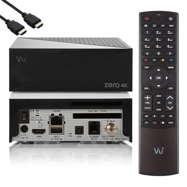 VU Zero 4K - UHD HDR satellite receiver with 1x DVB-S2X tuner, E2 Linux Smart Receiver, YouTube, CI + card reader, HbbTV media library, USB PVR function + EasyMouse HDMI cable