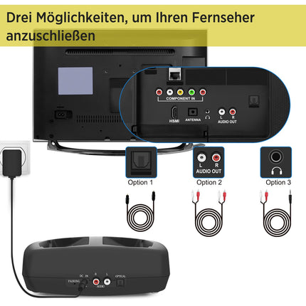 WallarGe juhtmevabad kõrvaklapid teleri jaoks, kõrvapealsed juhtmevabad kõrvaklapid RF-digitaalse laadimisjaamaga, mille ulatus on 33 m TV HiFi jaoks, optilise ja AUX-pordiga saatja (must ja punane)