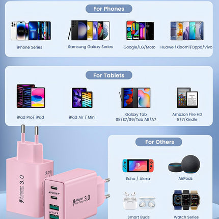 USB-C laadija, 40W 4 porti USB-C pistikuga kiirlaadija toiteadapter iPhone 16 15 14 13 12 11 Pro Max Plus, Samsung Galaxy telefonidele, mitme laadimispistikuga PD+QC toiteadapteri pistik