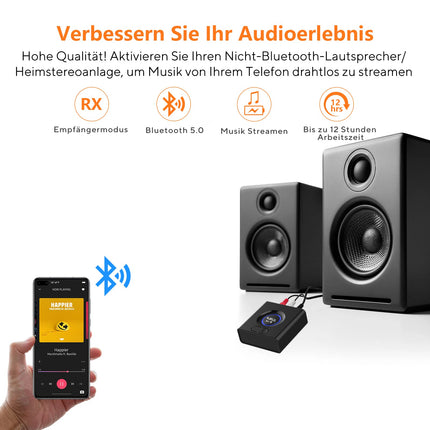 1Mii Bluetooth 5.0 vastuvõtja, Bluetooth-audioadapter muusika voogedastussüsteemi jaoks, traadita audioadapter 3,5 mm RCA-ga kõlarite ja stereosüsteemi jaoks, bassirežiim, 12 tundi mänguaega