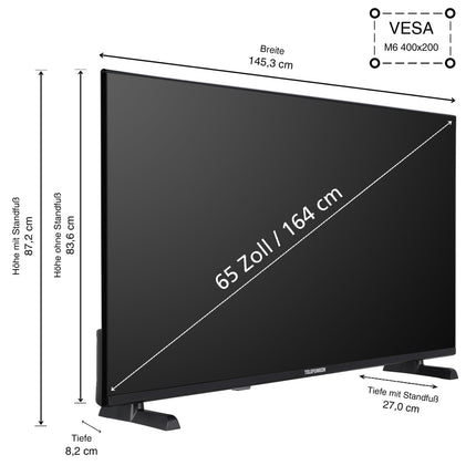 Telefunken QLED-teler 65-tolline nutiteler VIDAA QU65VP750S 4K UHD teler, HDR-teler Dolby Visioni, Dolby Atmose, kolmekordse tuuneri ja 6-kuulise HD+ garantiiga, must LED-teler