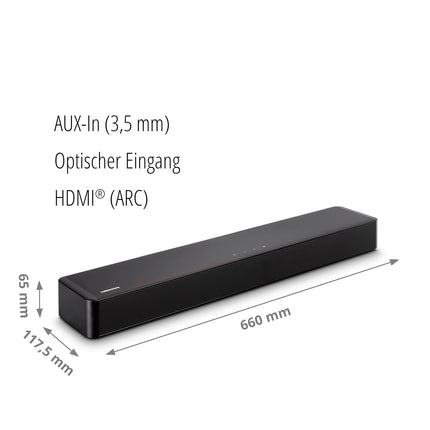 MEDION P61155 2.0 Soundbar with Bluetooth (incl. remote control, touch control, HDMI (ARC), AUX, optical input, 2 x 30 W RMS)
