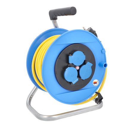 as - Schwabe cable drum 25 m armored cable K35 AT-N07V3V3-F 3G1.5 yellow, 3 earthing contact sockets with hinged lid, earthing contact plug, outdoor, IP44, blue, Made in Germany, 11004