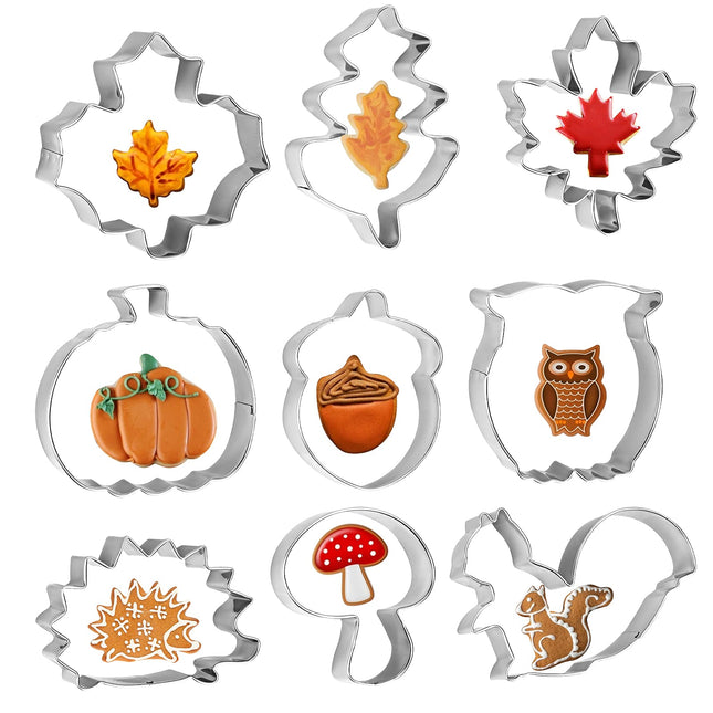 WEDNOK 9pcs Autumn Cookie Cutters Thanksgiving Cookie Cutters Leaves Cookie Cutters Stainless Steel DIY Cookie Cutters with Maple Leaf Oak Leaf Squirrel Acorn Hedgehog Pumpkin for Cookie Fondant Baking