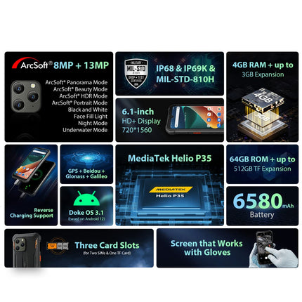 Blackview Outdoor Smartphone Without Contract BV5300 PRO, ArcSoft® 13MP+8MP, 7GB+64GB(1TB Expansion), 3 Card Slots, Android 12 DUAL SIM IP68 Waterproof Smartphone, 6.1'' HD+, 6580mAh Battery, Orange