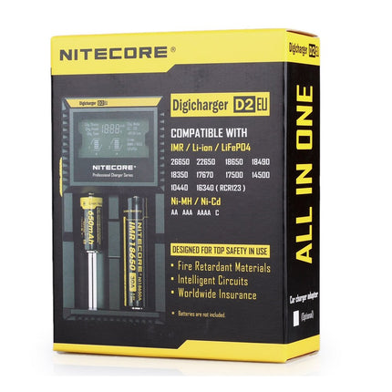 NiteCore D2 EU Intellicharger intelligentne nutikas universaalne LCD-ekraaniga topeltakulaadija must 18650 18350 26650 AAA AA CR123A akudele