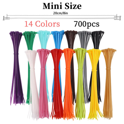 700 Pieces Colored Cable Ties, 2.5 mm x 200 mm Zipper Ties, 8" Long Nylon Zipper Ties, Self-Locking Cable Ties, Heavy-Duty Tie Straps for Home, Office, Garden (8 in)