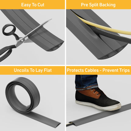 D-Line CC-2 Floor Cable Duct Trip Protection, Floor Cable Protector - 1.8-meter length - Cable cavity = 17mm (W) x 9mm (H) - Gray