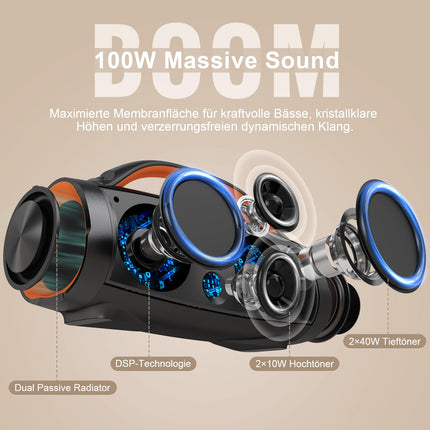 DOSS Extreme Boom+ Bluetooth kõlar, 100W stereoheli, rikkalik bass, 20h aku tööiga, varupatarei, IPX6 veekindlus, RGB tuled, kaasaskantav muusikakarp õue, telkimiseks, basseini äärde, randa, aeda – oranž