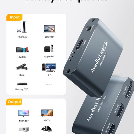 avedio lingid HDMI-lüliti koos 3,9 jala pikkuse HDMI-kaabliga, 4K@60Hz alumiiniumist HDMI-lüliti 3 sisse- ja 1 väljundiga, HDMI-jaotur 3 sisse- ja 1 väljundiga, toetab 3D-d, HDCP2.2, HDR10, 18 Gbit/s Fire Sticki, PS5, Xboxi, DVD ja Blu-Ray jaoks