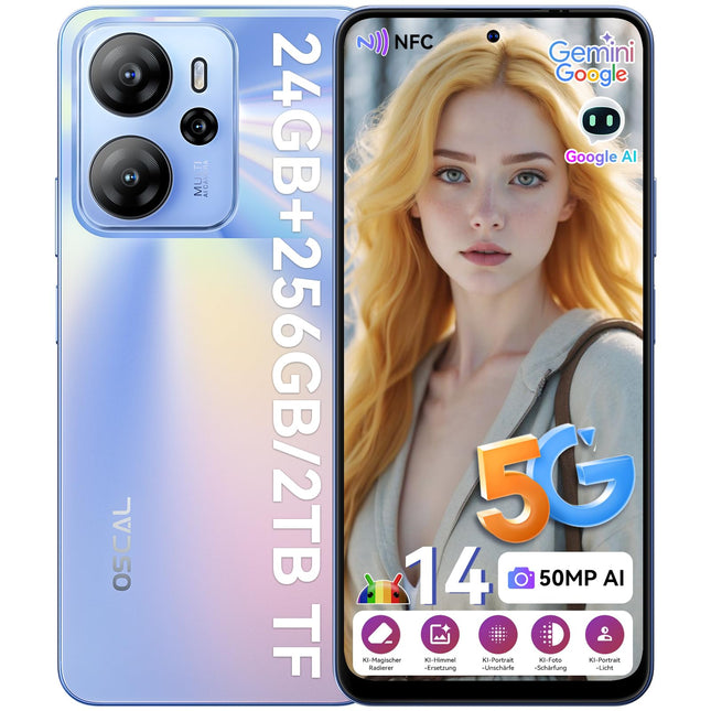 OSCAL Tiger 13 5G mobiiltelefon ilma lepinguta Gemini AI 24GB+256GB/2TB, Android 14 nutitelefon ilma lepinguta 90Hz 6.67" HD+, 50MP AI kaamera, 4K video, 18W kiirlaadimine/5000mAh, Face ID/sõrmejäljelugeja/OTG/NFC