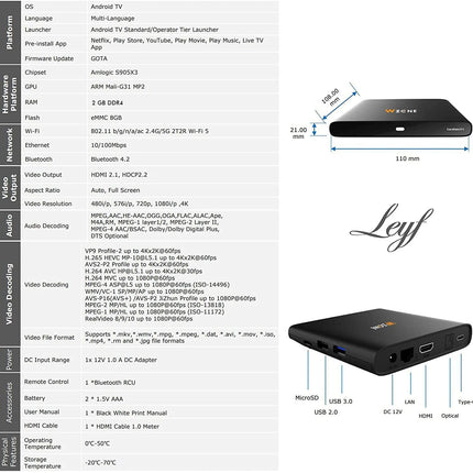 Leyf 4K Android TV Box originaallitsentsiga, mille on litsentseerinud Google LLC ja Netflix, Disney, Prime Video WiFi, Type-C, HDMI 2.1, USB 3.0, Ethernet, MicroSD/nutiterv, Chromecast, YouTube