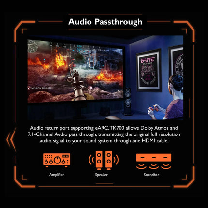 BenQ TK700ST 4K HDR 3000 luumeniga lühikese projitseerimisega filmi- ja mänguprojektor 4 ms reageerimisajaga | 240 Hz värskendussagedus | HDR10 ja HLG | ARC/eARC tugi | 2D trapetsikorrektsioon | Kujutise pööramine