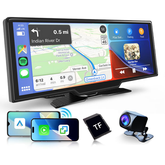 Hodozzy 10.26 inch Touchscreen Monitor Wireless Carplay Wireless Android Auto, Portable Car Radio Carplay FM Transmitter Bluetooth, Digital Media Receiver with Rear View Camera Display with 64G-SD