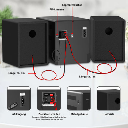 Compact CD Stereo System Mini Component 30W RMS CD Player FM/Bluetooth Compatible/USB/AUX/Remote Control/Headphone Jack Compatible with High-Resolution Sound Source