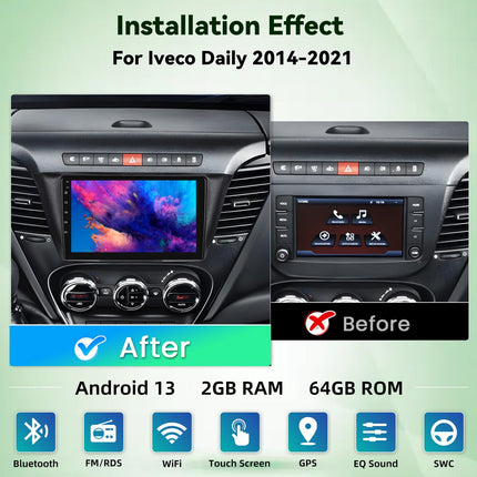 2G+64G Android autoraadio IVECO Daily 2014-2021 mudelile, juhtmevaba Carplay ja Android Auto, 9-tollise puutetundliku ekraaniga raadio WiFi/GPS/Bluetooth/EQ/FM RDS raadioga, tahavaatekaameraga ja mikrofoniga
