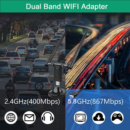WLAN Stick 1200Mbit/s, WLAN Adapter DualBand 867Mbit/s (5GHz), 433Mbit/s (2.4GHz) traadita adapter 5dBi antenni ja USB 3.0 dokkimisjaamaga lauaarvutile, sülearvutile, Windowsile/Mac OS-ile