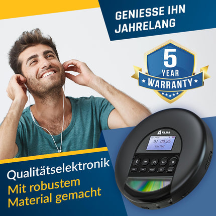 KLIM Nomad CD-mängija Bluetooth - kaasaskantav CD-mängija Discman pikaealise akuga - kõrvaklapid kaasas - CD-R, CD-RW, MP3 - TF-kaardilugejaga, FM-raadioga - ideaalne autosse - kaasaskantav CD-mängija Discman