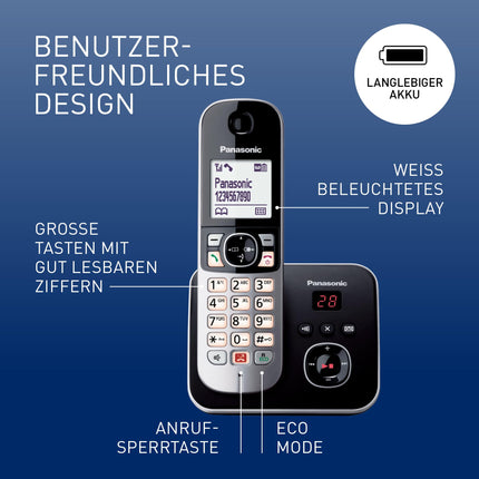 Panasonic KX-TG6864GB juhtmeta telefon 4 telefonitoruga ja automaatvastajaga (blokeerib kuni 1000 telefoninumbrit, selge kirjasuurus, valju telefonitoru, täisdupleks handsfree) must-hõbedane