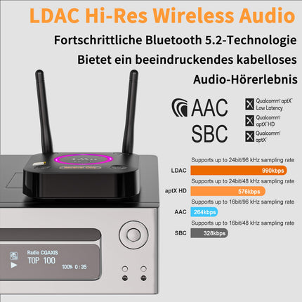 1Mii B06Ultra Bluetooth 5.2 vastuvõtja LDAC Hi-Res heli jaoks, HiFi Bluetooth-heli adapter Audiophile DAC-i, 3D ruumilise heli, aptX HD ja madala latentsusega vastuvõtja stereosüsteemile, optiline 3,5 mm RCA AUX