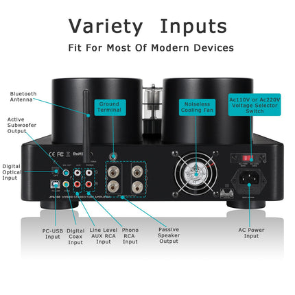 Juson Audio JTA100 200W Vacuum Tube Amplifier Integrated Hybrid With BT 5.0 Optical AUX RCA Phono Input and Headphone Output 2.1CH Class AB HiFi Home Audio for Turntable