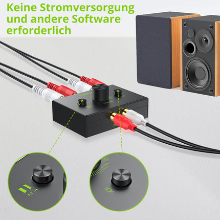 LiNKFOR RCA L/R stereo audio lüliti, 1 sisend 2 väljundit / 2 sisendit 1 väljund kahesuunaline audio lüliti, passiivne audio RCA jaotur vaigistusnupuga CD-mängija võimendi arvuti kõlarile