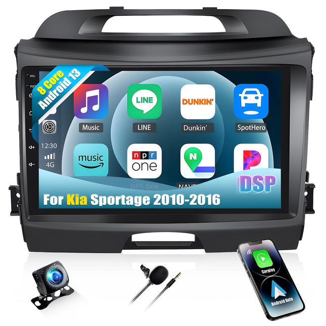 CAMECHO 4+64G 8-tuumaline autoraadio Kia Sportage 2010-2016 tahavaatekaameraga, 9-tolline Android 13 juhtmevaba Carplay DSP HD puutetundliku ekraaniga raadio Android Auto Bluetooth WiFi GPS FM/AM/RDS +peegli link