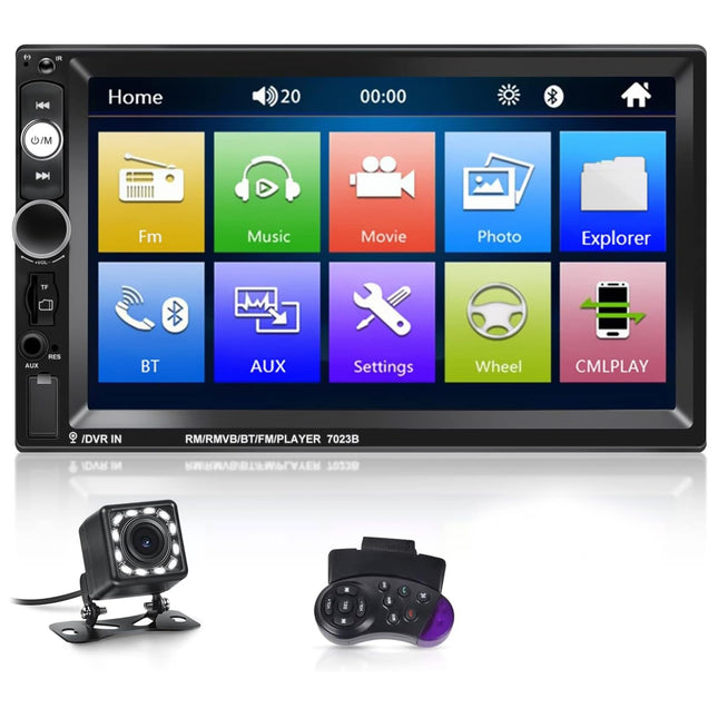 NHOPEEW kahe DIN-iga raadio, mis toetab Androidi/iPhone'i Mirror Linki, 2 DIN-i ja 7-tollise puutetundliku ekraaniga autoraadio Bluetooth-vabakäesüsteemiga, kahe USB-, SD- ja AUX-pesaga, roolil juhtimisega ja tahavaatekaameraga.