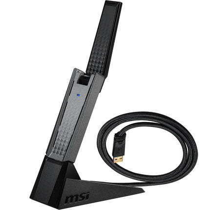 MSI AX1800 WiFi 6 kahesageduslik USB-adapter - WiFi kuni 1800 Mbps (5 GHz, 2,4 GHz traadita), USB 3.2 Gen 1 Type-A, MU-MIMO, reguleeritav antenn, kiirguse kujundamine, WPA3 - juhtmega kinnitus kaasas